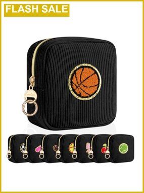 Corduroy Mini Cosmetic Bag Basketball Chenille Patch Travel Toiletry Pouch